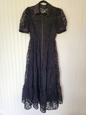 ENGLISH FACTORY Black Leopard Print Sheer Button Up Maxi Dress Small
